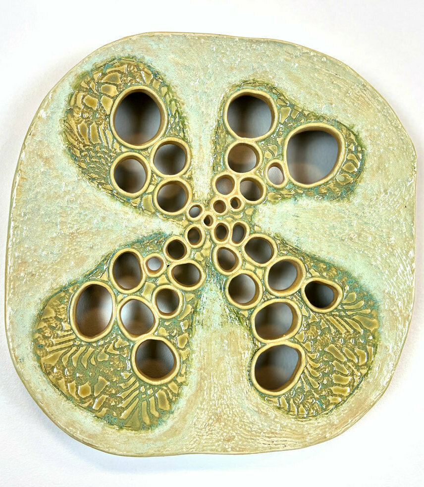 Detailed ceramic wall sculpture depicting the cellular structure of a Squash Root as seen through a micrograph, with an emphasis on organic forms, intricate patterns and textures. 