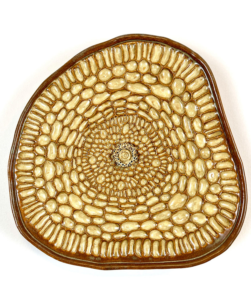 Detailed ceramic wall sculpture depicting the cellular structure of the root of the Barley plant, as seen through a micrograph, with an emphasis on organic forms, intricate patterns and textures. 
