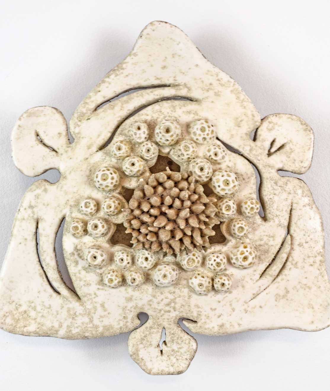 Detailed ceramic wall sculpture depicting the cellular structure of a Lily Flower Bud as seen through a micrograph, with an emphasis on organic forms, intricate patterns and textures. 